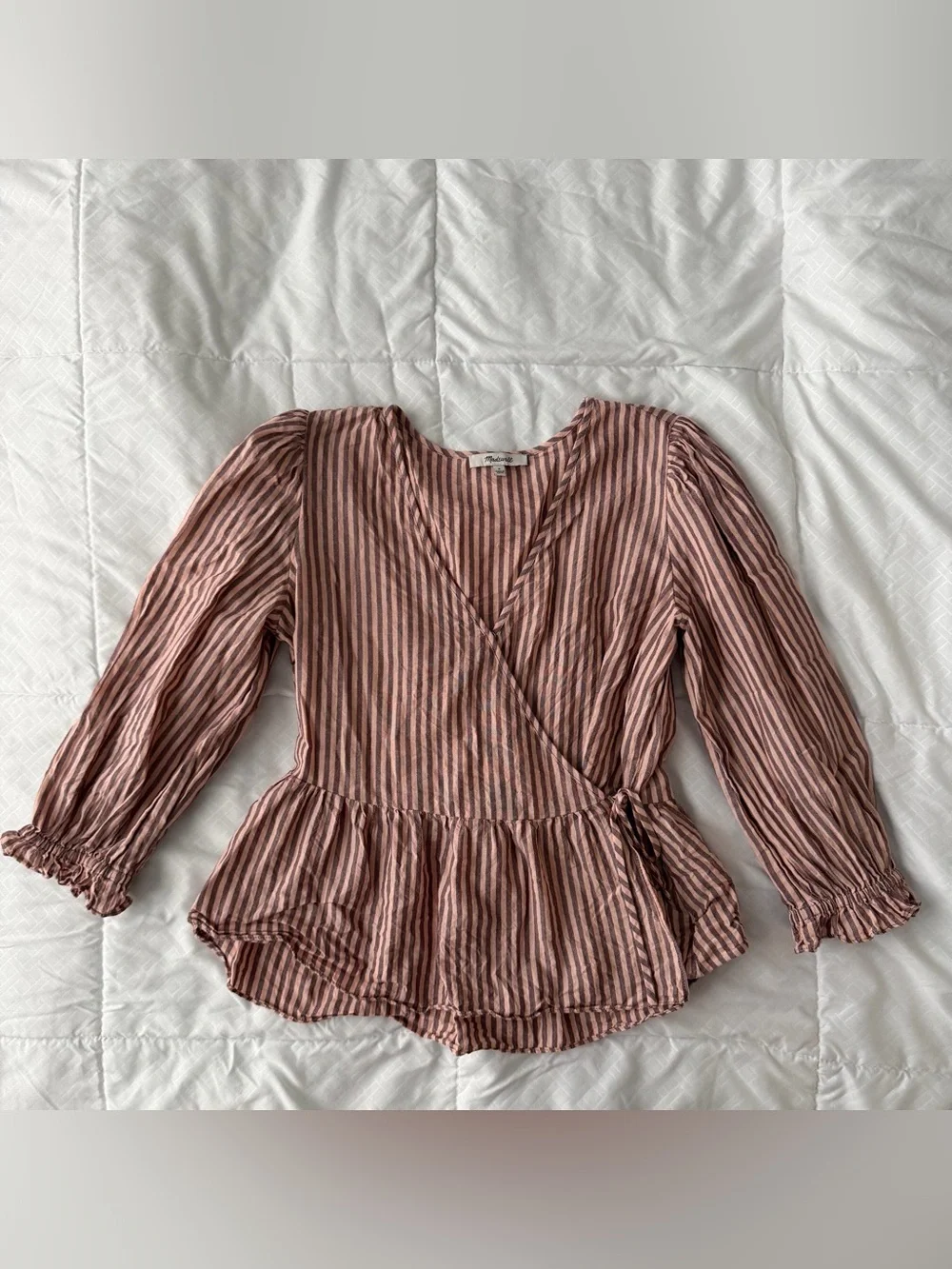 Madewell Puff Sleeve Peplum Wrap Top S Pink Stripes Cotton Preppy Peasant Boho